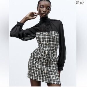 ZARA Coquette Organza Tweed Contrast High Neck Bow Tie Short Dress SZ Medium NEW